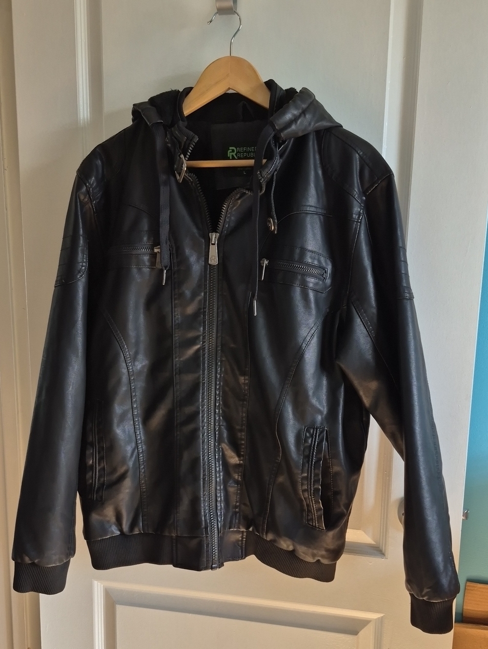 Refine Republic Menโs Black Hooded Faux Leather Bomber Jacket